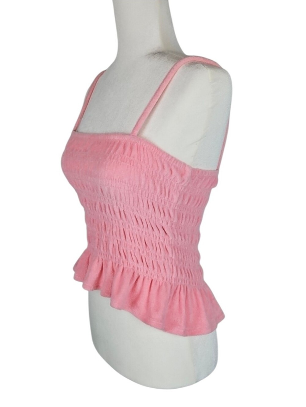H&M Terry Peplum Cami Top Pink Casual Retro Y2K Style Ruched Terrycloth Top, S - Picture 2 of 7
